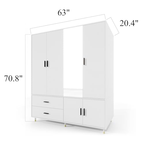 Wood Armoire Wardrobe Closet with 4 Doors and Mirror, White I299203
