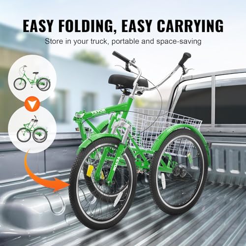 VEVOR Folding Adult Tricycle 24-Inch 3 Wheel Cruiser Bike with Basket, Green Z765777