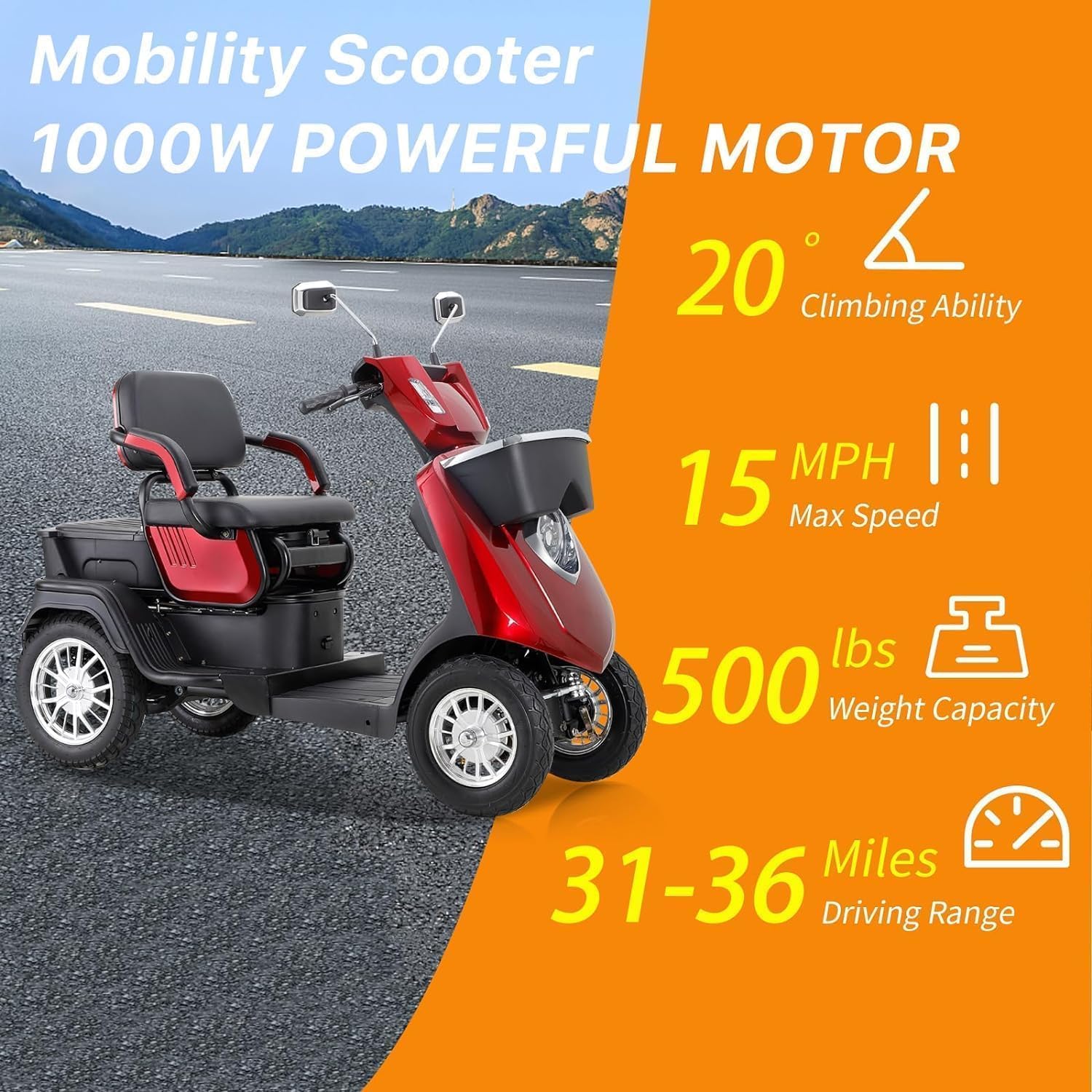 3 Speed 1000W 2 Seater Mobility Scooter with Bluetooth Speaker, Red D555