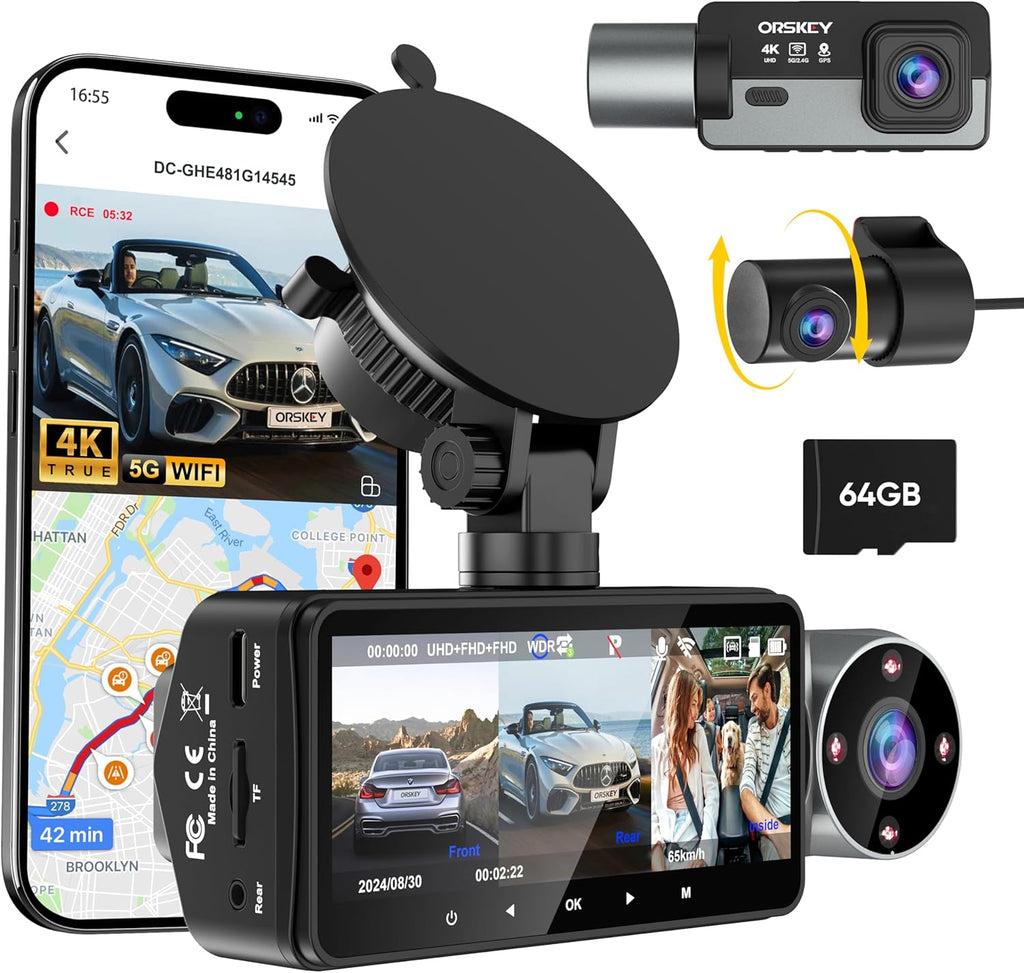 4K Dash Cam Front and Rear Inside 5G WiFi, 64GB Card, Orskey 4K+1080P Dashcam Built-in GPS, 3 Channel Dash Camera for Cars, 3.16" IPS Display, Night Vision, APP Control,24H Parking Mode,Max 256GB