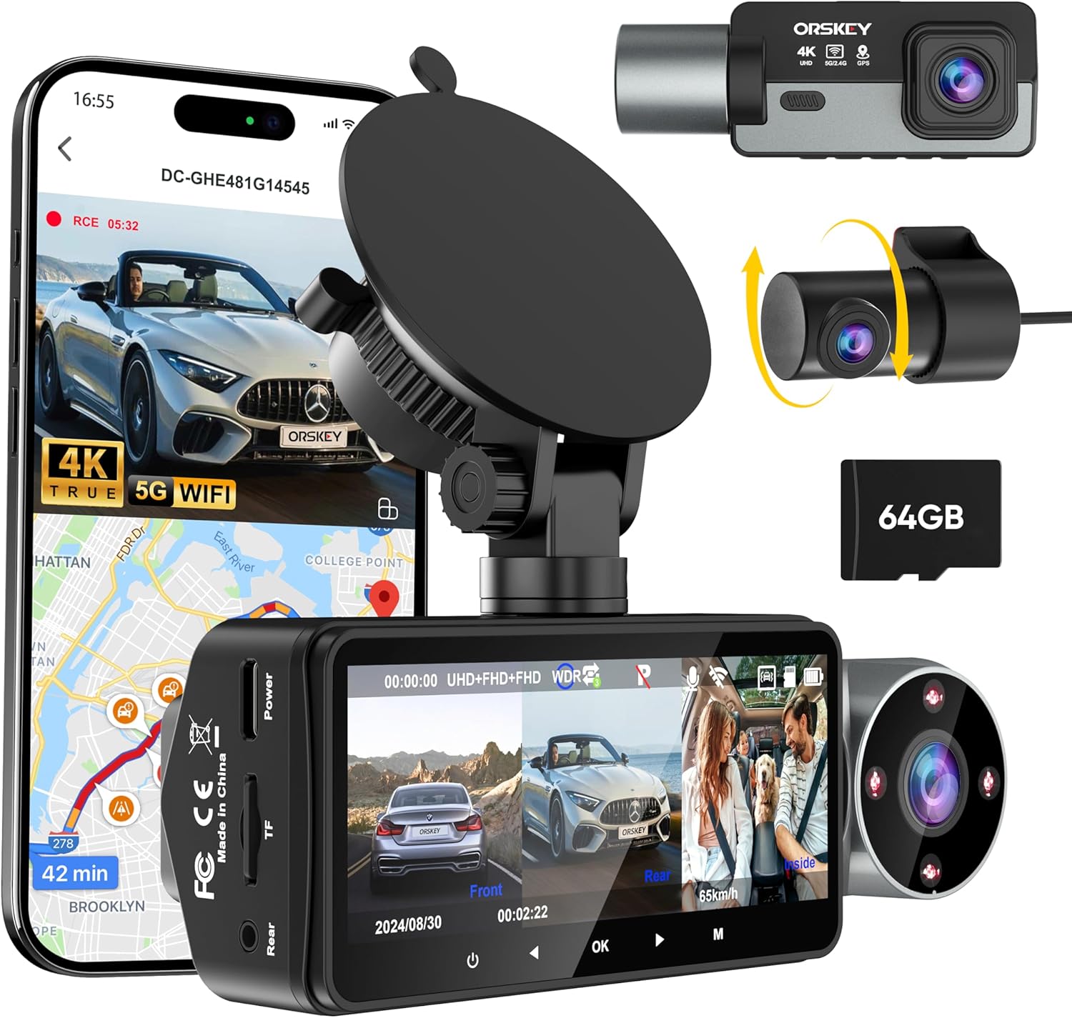 4K Dash Cam Front and Rear Inside 5G WiFi, 64GB Card, Orskey 4K+1080P Dashcam Built-in GPS, 3 Channel Dash Camera for Cars, 3.16" IPS Display, Night Vision, APP Control,24H Parking Mode,Max 256GB
