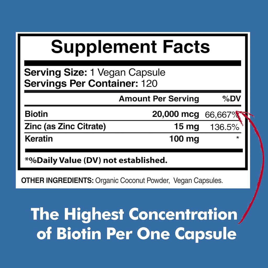 Biotin 20,000mcg with Keratin, Coconut & Zinc, Hair Growth Supplements, 120 Vegan Capsules Y995559