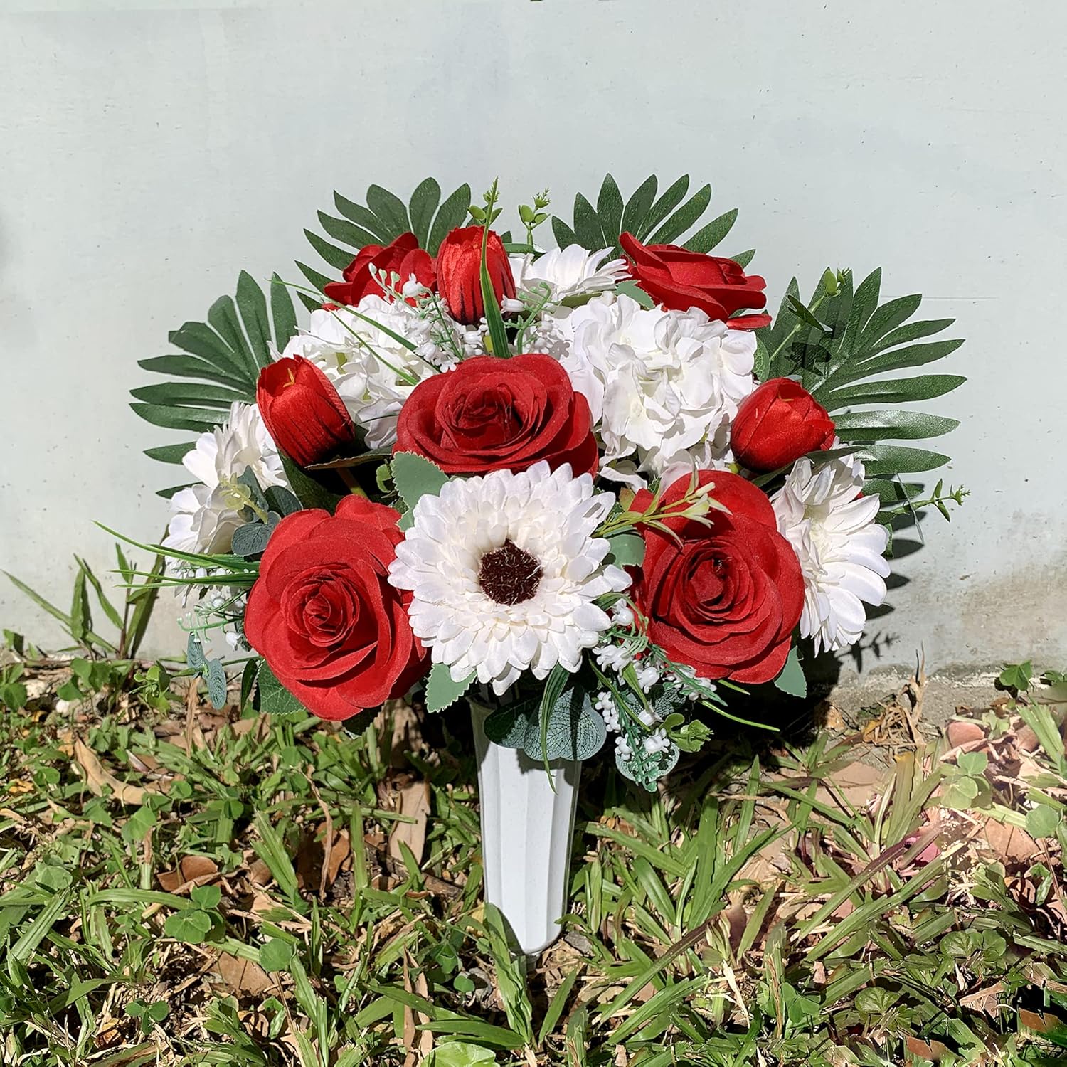 HENOMO Cemetery Flower with Grave Vase, Rose Mum and Hydrangea Mix Bouquet W182