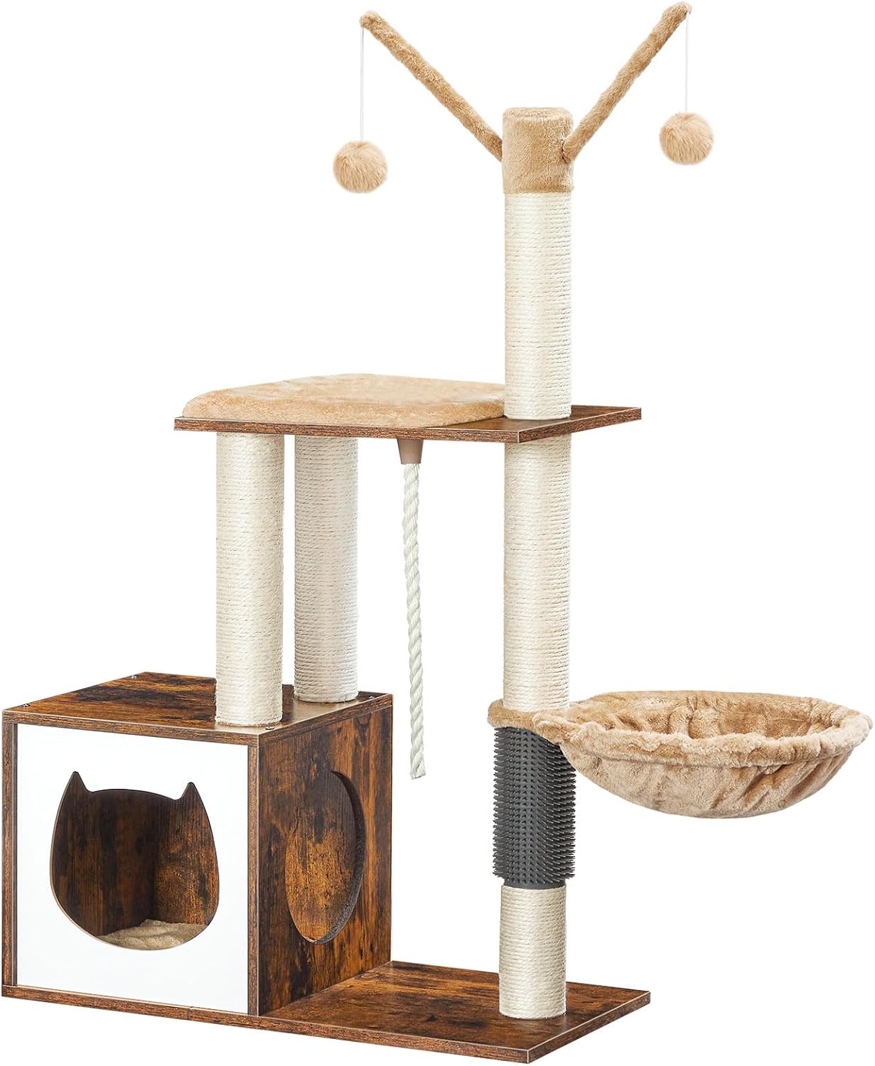 HOOBRO Cat Tree, Cat Tower for Indoor Cats, Wooden Cat House with Cat Scratching Posts, Cat Condo, Cat Hammock, Top Perch, Washable Removable Cushion, Cat Self Groomer, Rustic Brown FG63CT03