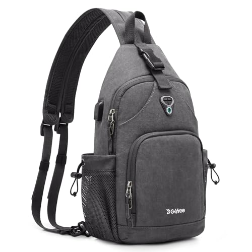 G4Free Sling Bag Canvas Crossbody Backpack with USB Charging Port, Convertible Chest Bag Casual Daypack for Travel Outdoor Cycling Hiking(Dark Grey)