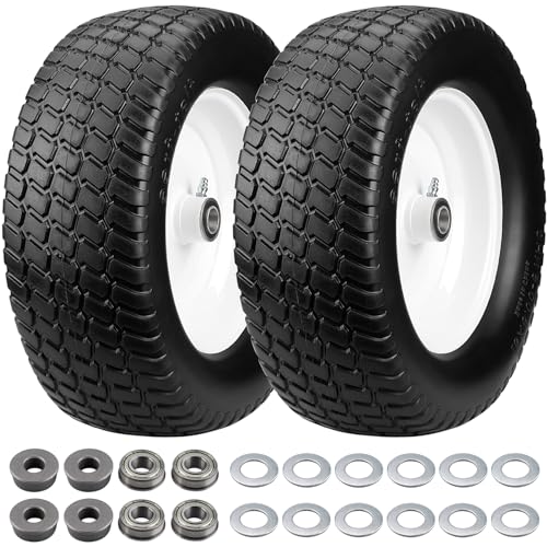 15x6.00-6nhs Lawn Mower Tires Flat Free, 2 Pcs 15x6-6 Tire and Wheel with 3/4" & 5/8" Precision Bearings -1" Bushings & 3" Offset Hub Compatible with John Deere Husqvarna Riding Mowers Lawn Tractors