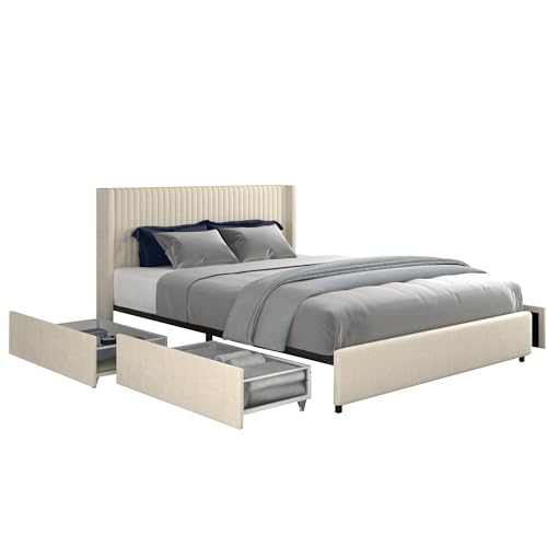 Queen Size Linen Upholstered Platform Bed Frame with Storage Drawers and Wingback Headboard, Grey W473