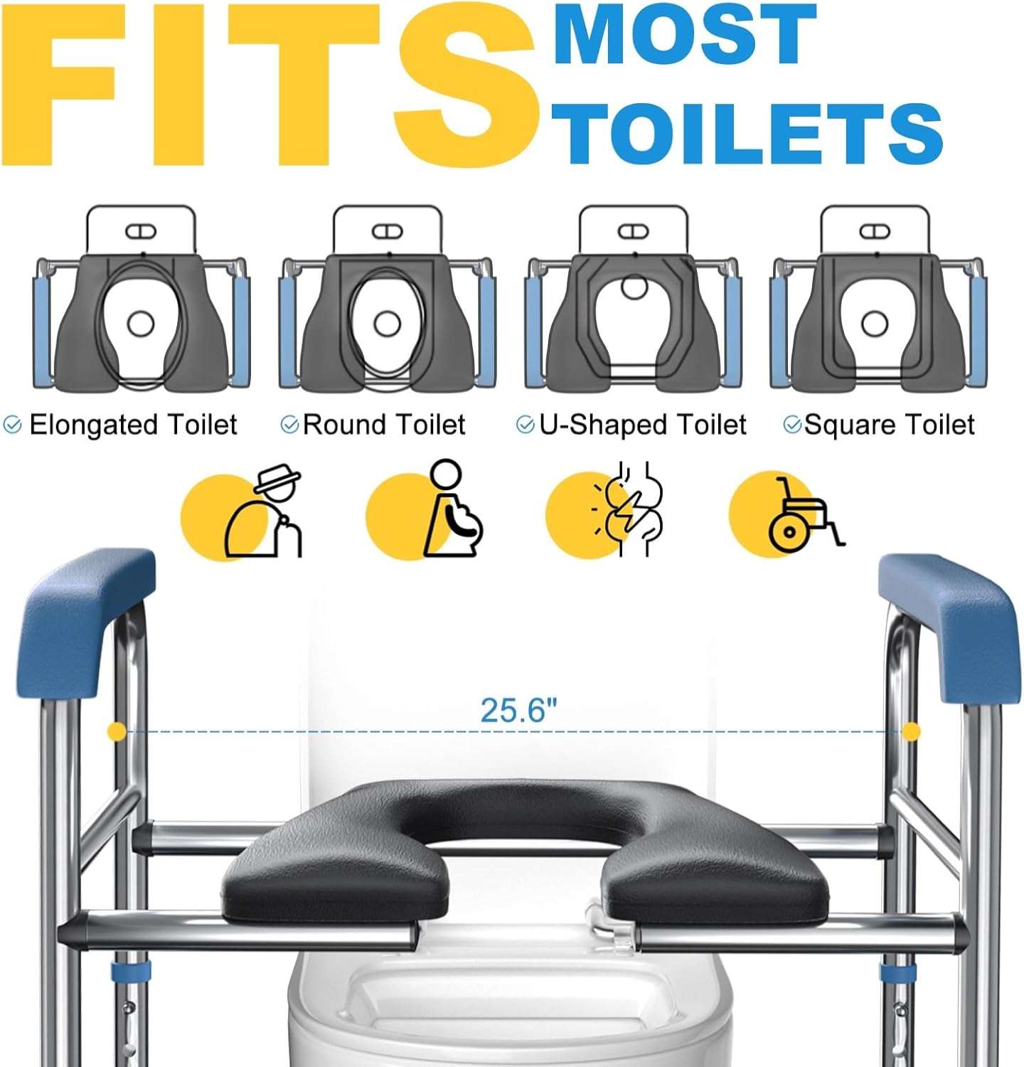 Raised Toilet Seat with Handles for Seniors, Adjustable Height, 400lbs Capacity C803570
