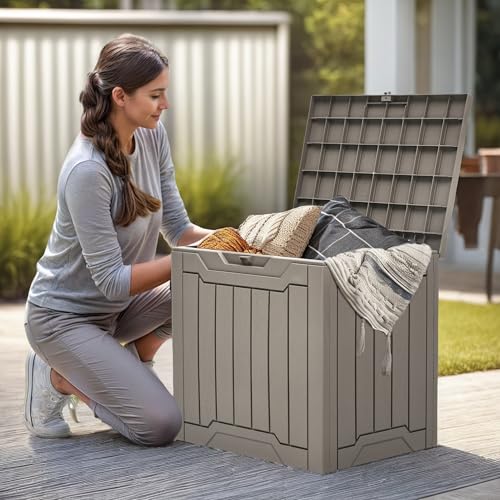 YITAHOME Outdoor Storage Box with Cushion, 120 Gallon, Lockable, Light Brown O374