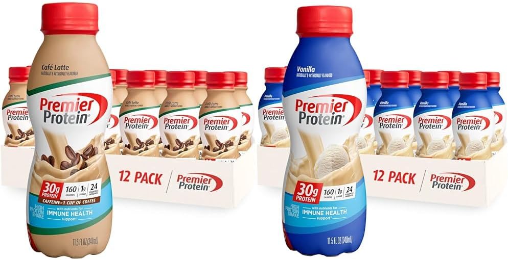 Premier Protein Shake Café Latte & Vanilla, 30g Protein, 1g Sugar, 24 Vitamins & Minerals, 12 Packs Each Flavor 11.5 oz Bottles