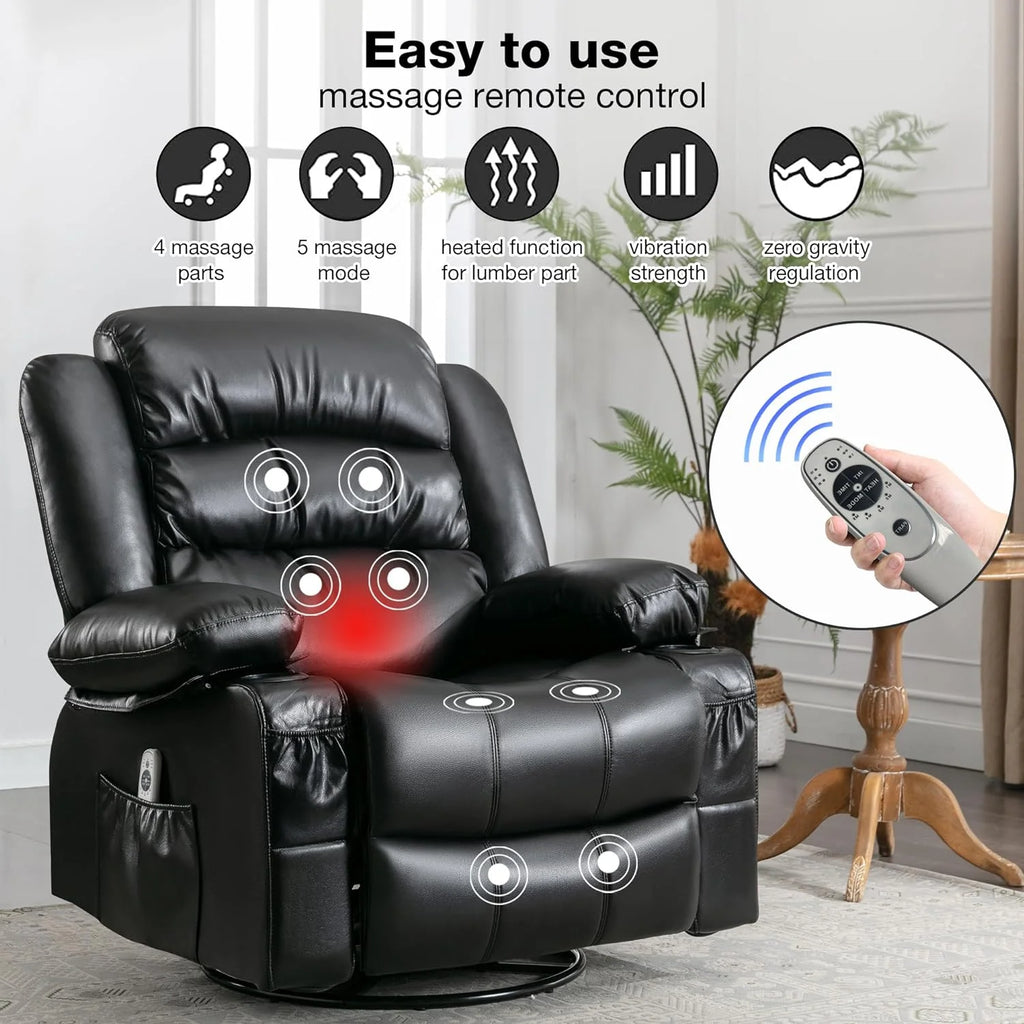 Massage Chair Recliner with Heat and USB Port, Swivel Rocking for Elderly (Black) A139032