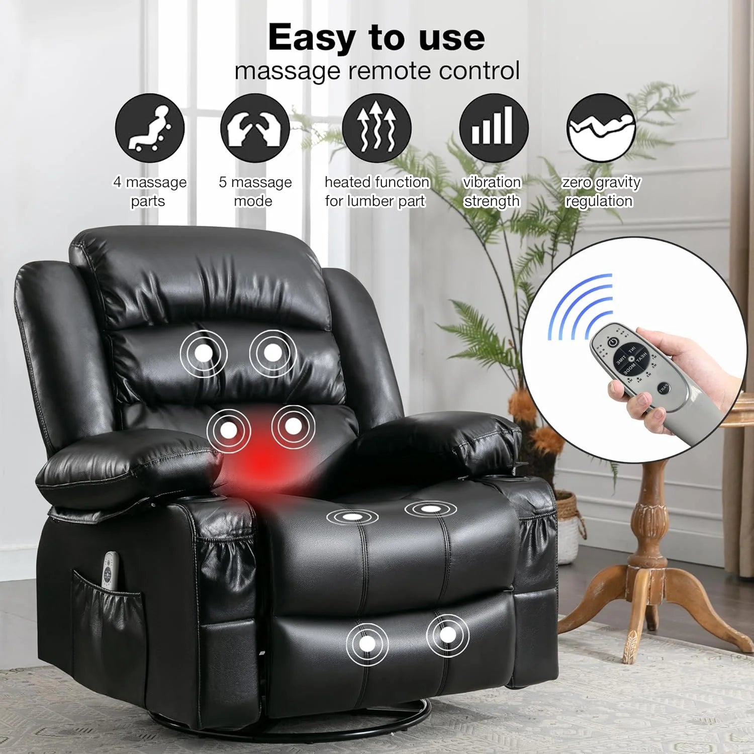 Massage Chair Recliner with Heat and USB Port, Swivel Rocking for Elderly (Black) A139032