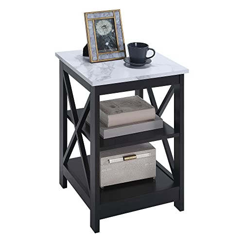 Convenience Concepts Oxford End Table with Storage Shelves, White Faux Marble/Black N969