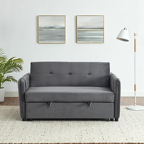 3 in 1 Convertible Sleeper Sofa Bed, Velvet Loveseat Futon with Storage Pockets, Blue B5555