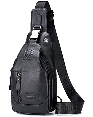BULLCAPTAIN Genuine Leather Men Sling Crossbody Bag Chest Bags Travel Hiking Shoulder Backpack