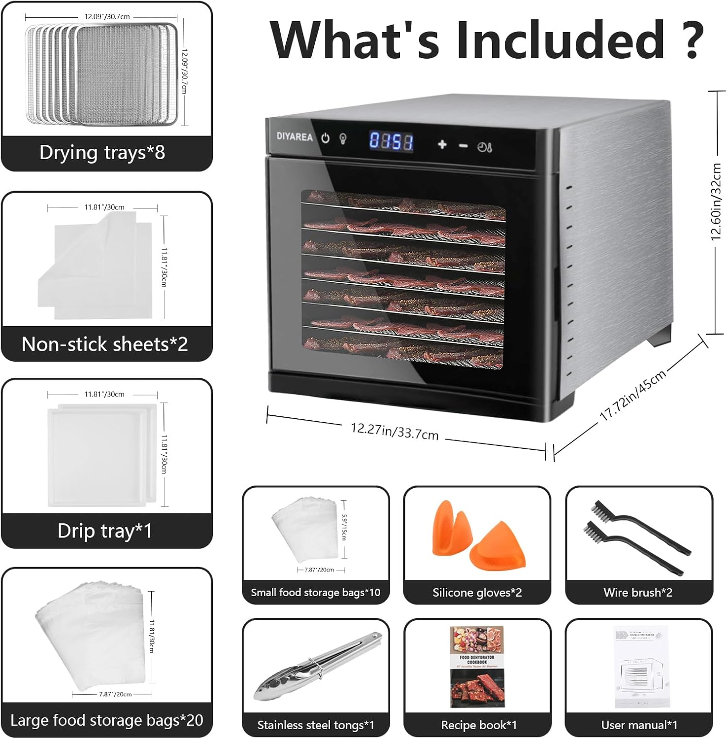 Food Dehydrator for Jerky, 8 Stainless Steel Trays, 167°F & 48H Timer B83273