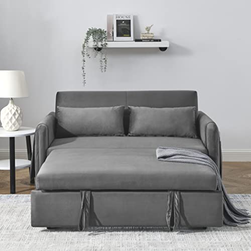 55" Modern Convertible Sofa Bed with Pull Out Bed - Velvet Loveseat Sofa Sleeper Sofa Couch Futon Sofa Bed Couch Chaise Lounge with 2 Detachable Arm Pockets, 2 Pillows for Living Room (Black)