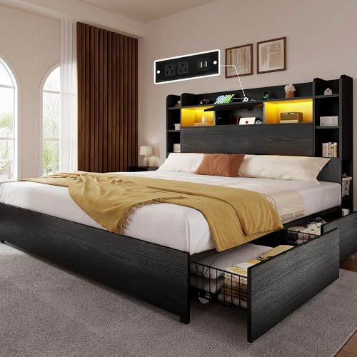 YITAHOME Queen Bed Frame with Bookcase Headboard and 4 Storage Drawers, Black L762695