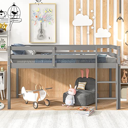 Twin Loft Bed for Kids with Ladders and Guard Rails, Solid Wood, Grey E9115