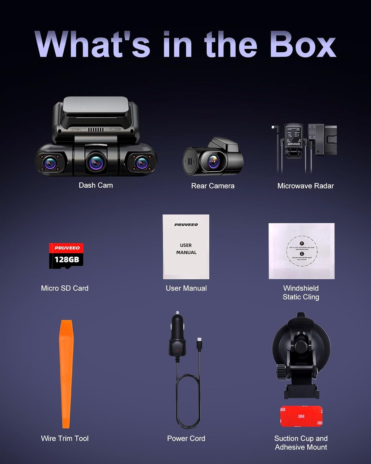 PRUVEEO Dash Cam 4 Channel Front Rear Inside Left Right, Built-in GPS WiFi, 128GB Card M4091