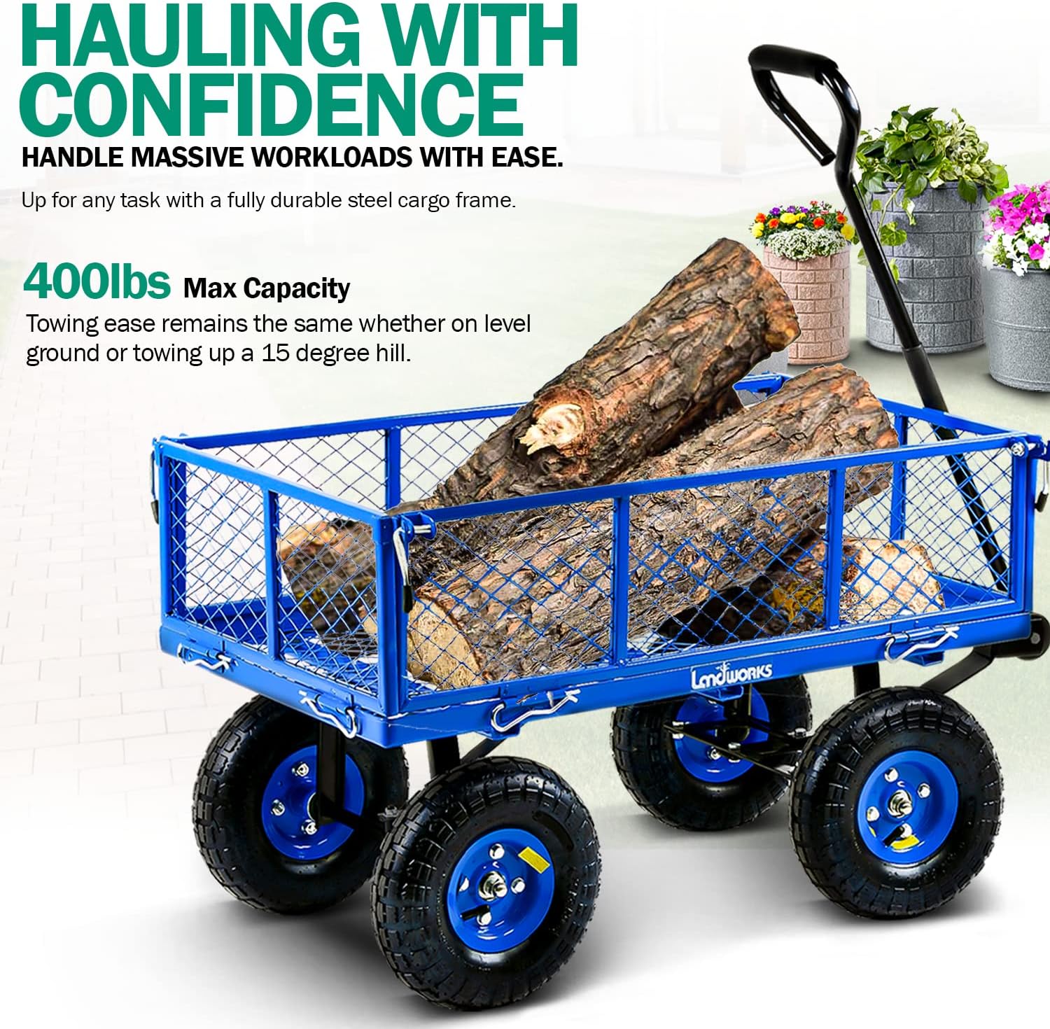 Landworks Lawn & Garden Utility Cart Beach Wagon, All Terrain, 400 lbs, Blue L983