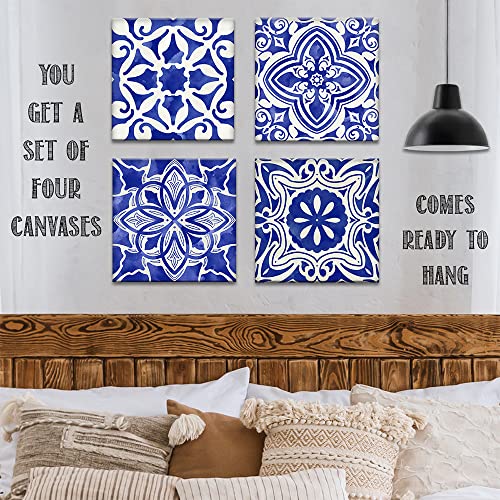 Blue Mosaic Mexican Spanish Tiles Canvas Wall Art 4 Panels Ready to Hang F5386