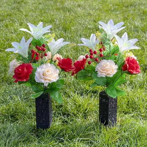 Cemetery Headstone Flower Saddle - Outdoor Grave Decorations, Red+White Silk Rose & Lily O55841