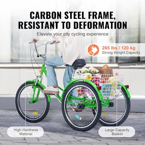VEVOR Folding Adult Tricycle 24-Inch 3 Wheel Cruiser Bike with Basket, Green Z765777