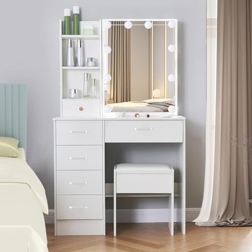 White Makeup Vanity Desk with Lighted Mirror and Drawers Z373651