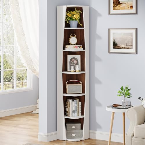 Tribesigns White and Walnut 6-Tier Corner Bookcase with Storage N44402