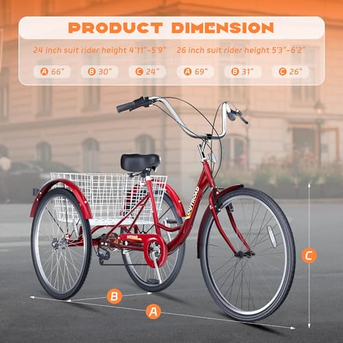 Adult Tricycle with Large Basket 24/26 Inch, 7-Speed 3-Wheel Bike I7207
