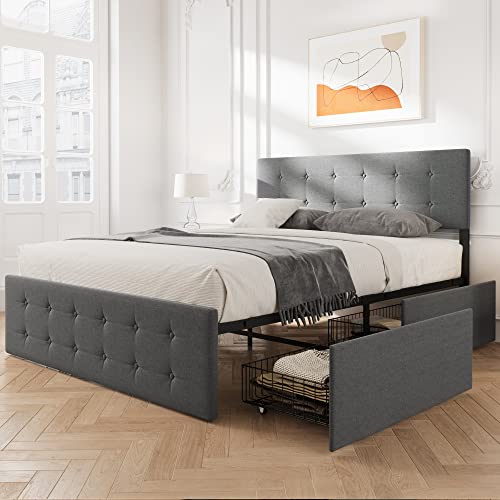 Queen Frame with 4 Storage Drawers,Grey Queen Size Upholstered Platform Bed Frame with Headboard and Wooden Slats Support No Box Spring Needed