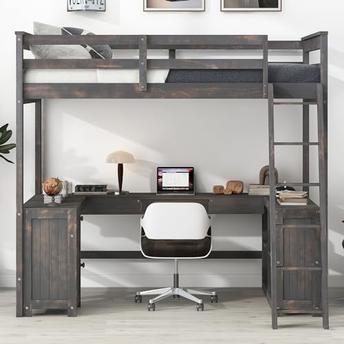 Harper & Bright Designs Full Size Loft Bed with Desk and Bookshelf, Solid Wood, White Y879