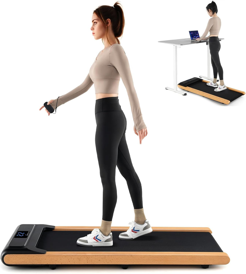 Goplus Walking Pad, Wooden Under Desk Treadmill for Home Office, Portable Walking Pad Treadmill with Remote Control, APP Control and LED Display, Installation-Free Walking Jogging Machine