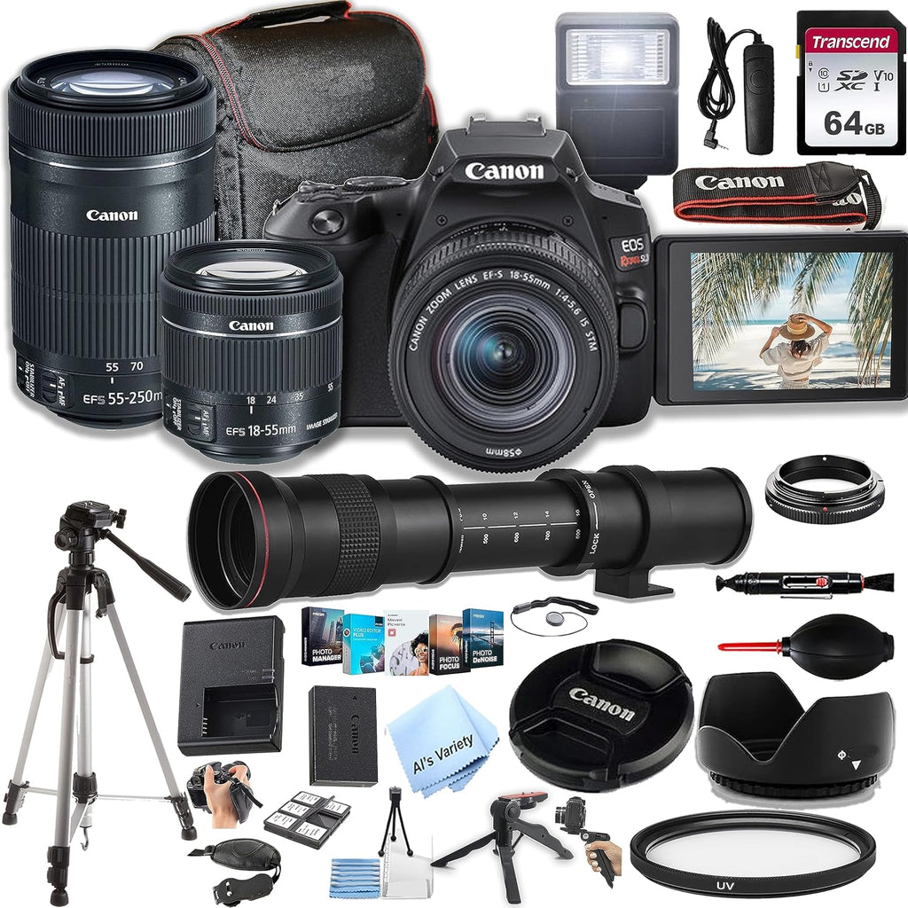 Canon EOS Rebel SL3 DSLR Camera w/EF-S 18-55mm F/4-5.6 STM Zoom Lens + 55-250mm f/4-5.6 is STM Lens + 420-800mm Super Telephoto Lens + 64GB Memory, Case, Tripod, Flash, Remote (38pc Bundle) (Renewed)