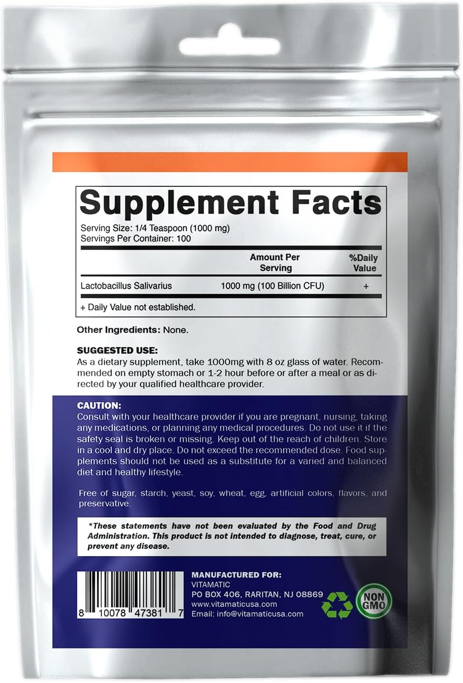 Vitamatic Lactobacillus Salivarius Probiotic Powder, 100g H7840