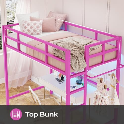DICTAC Twin Loft Bed with Ladder and Guardrail, LED Lights, White B3802