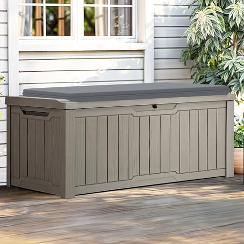 YITAHOME Outdoor Storage Box with Cushion, 120 Gallon, Lockable, Light Brown O374