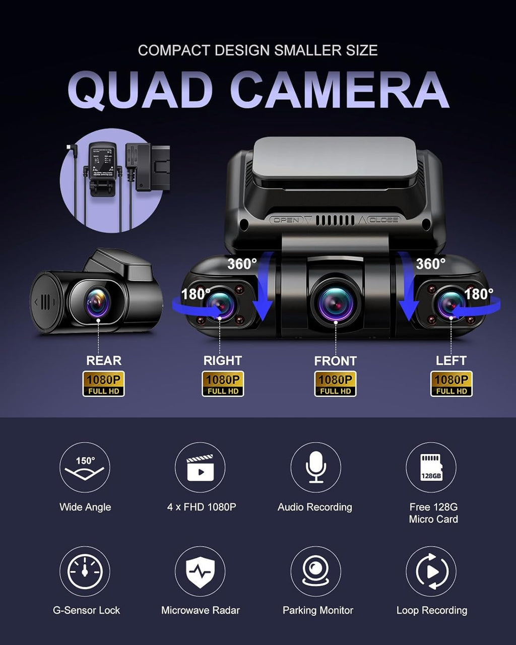 PRUVEEO Dash Cam 4 Channel Front Rear Inside Left Right, Built-in GPS WiFi, 128GB Card M4091