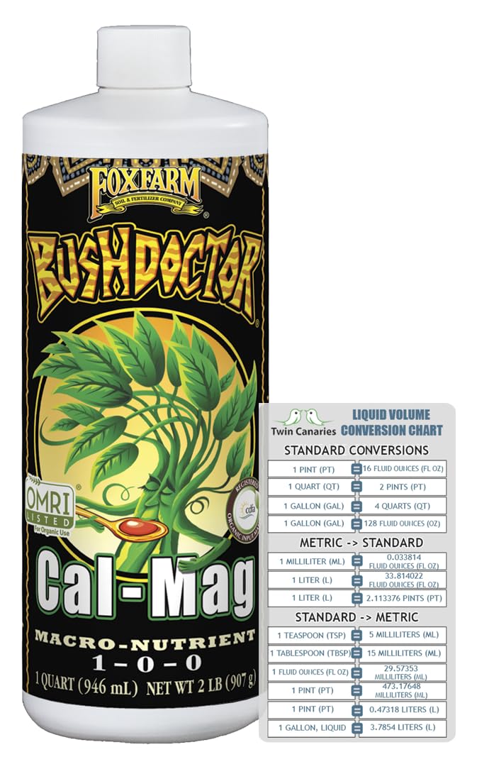 FoxFarm Bush Doctor Cal-Mag Organic | Calcium and Magnesium Plant Supplement | 1 Quart (32 fl oz) + Twin Canaries Chart
