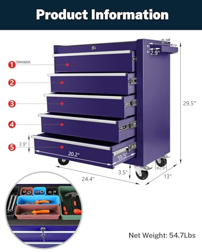 5-Drawer Rolling Tool Chest with Brake Casters, Black E95317