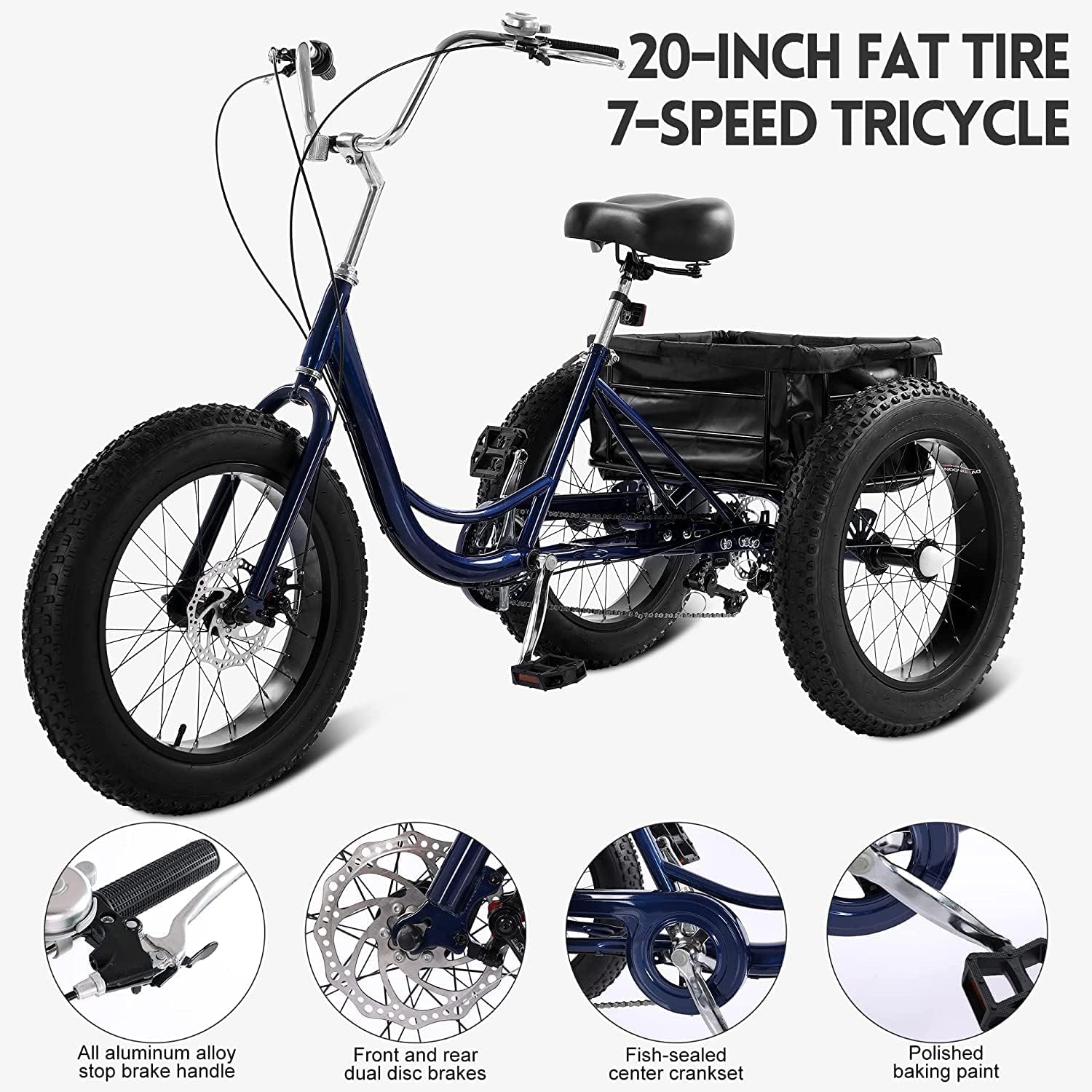 20" Fat Tire Adult Tricycle, 7 Speed Three Wheel Cruiser Bike P290279