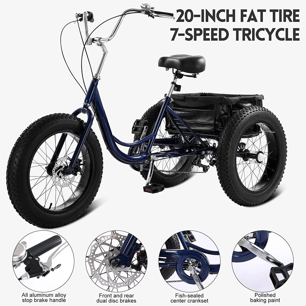 GIZMAC Adult Tricycle, 7 Speed, 20" 3 Wheel Bike with Basket Q710