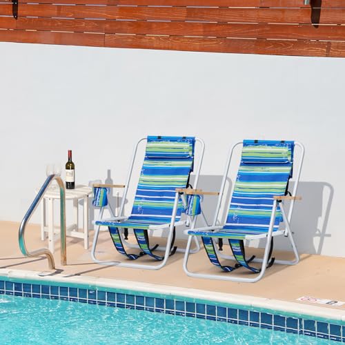 Set of 2 Folding Beach Chairs for Adults with Cup Holder, Blue U7857