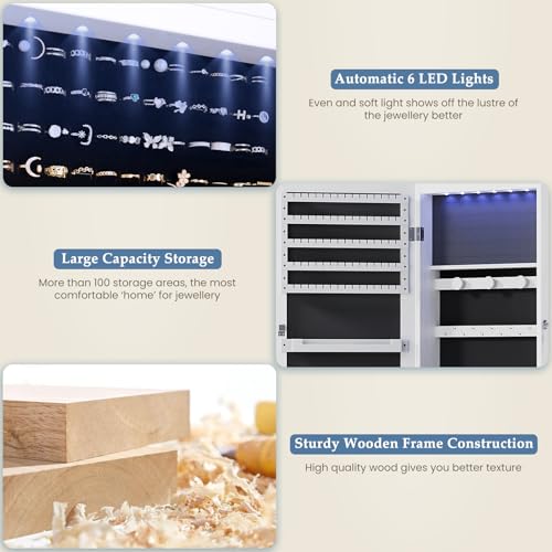 DUMOS 6 LEDs Mirror Jewelry Cabinet, Wall or Door Mounted, White B1338