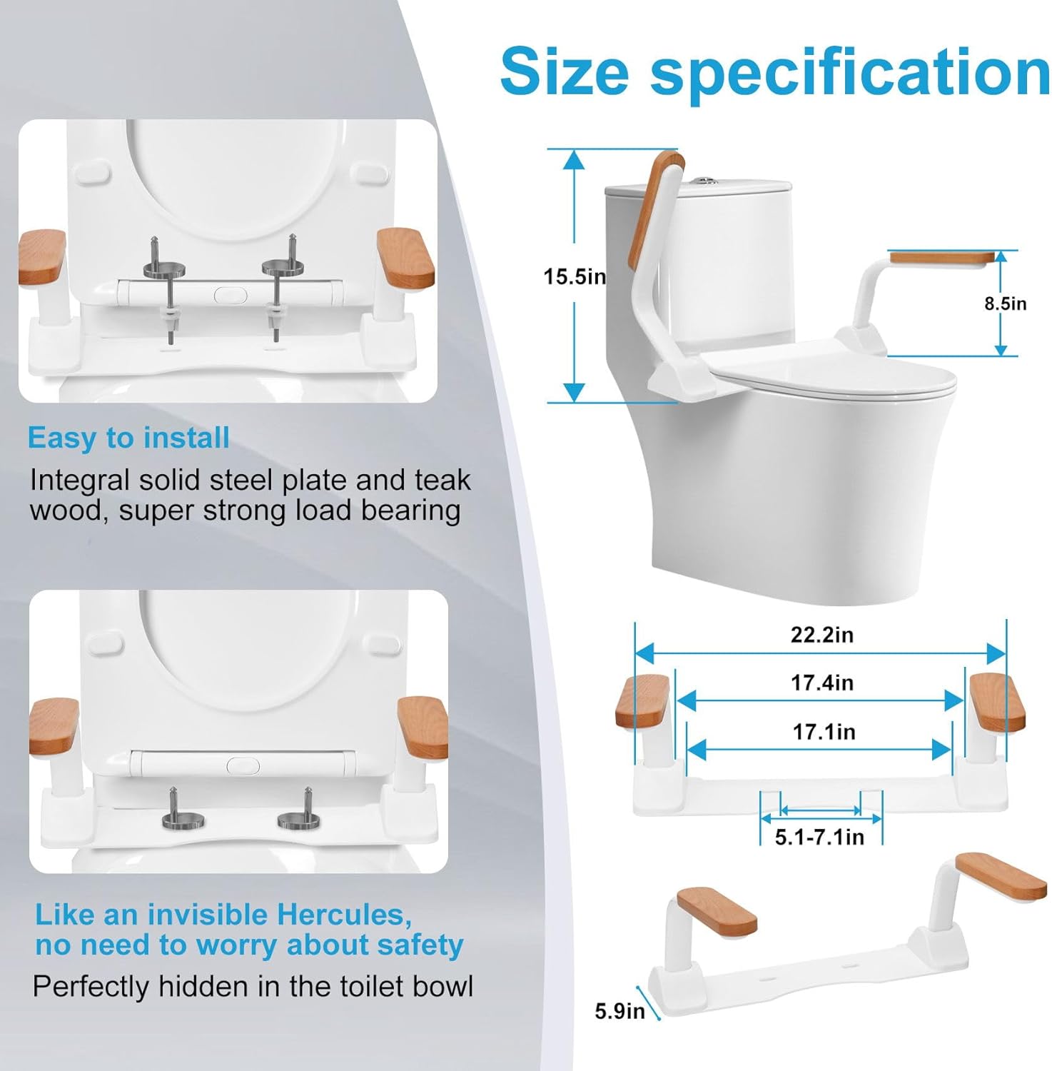 Toilet Safety Rails for Elderly with Foldable Handles, Adjustable Height and Width P354