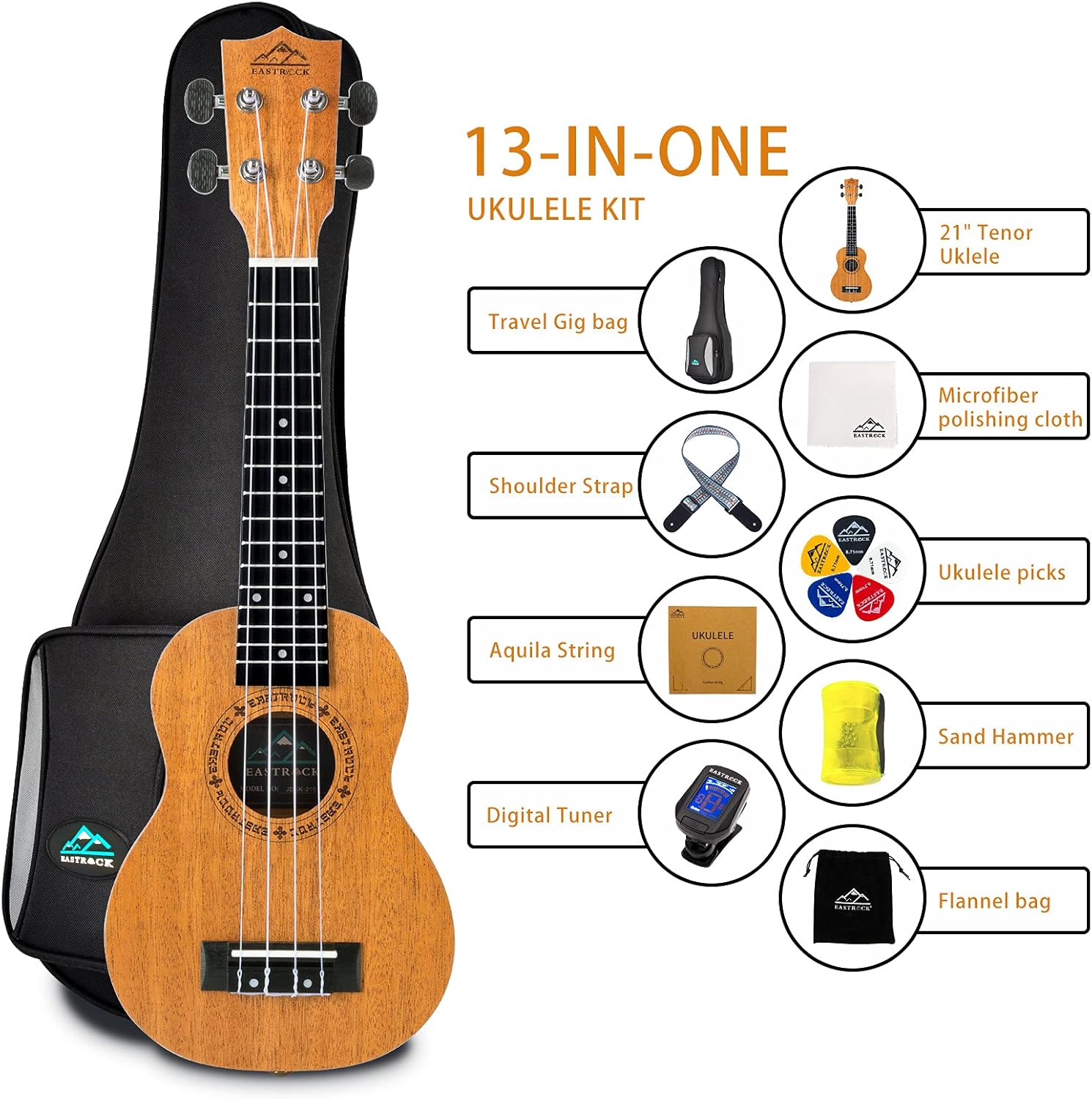 EASTROCK Soprano Ukulele Mahogany 21 inch Beginner Kit with Stand H48386