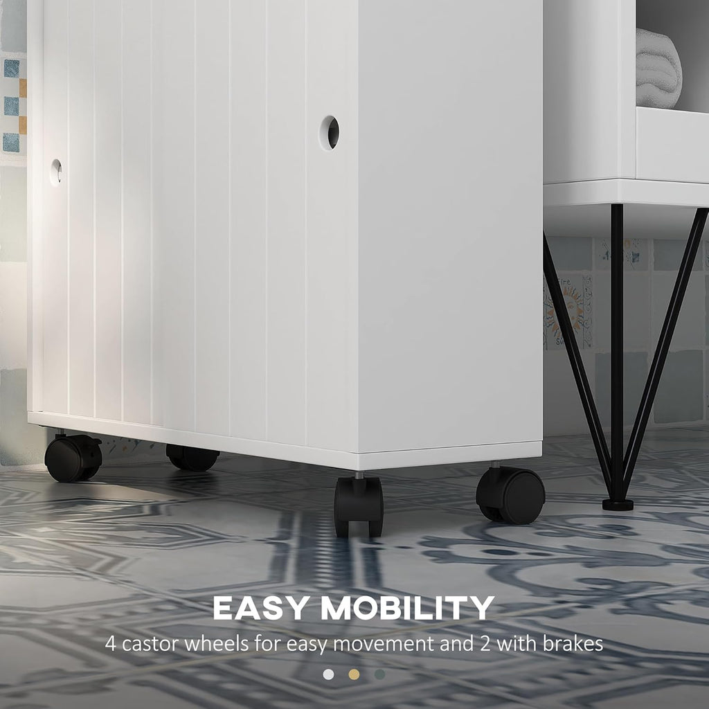 kleankin Toilet Paper Cabinet, Slim Bathroom Storage with Rolling Wheels, White K6711