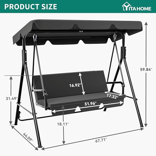 YITAHOME Outdoor Patio Swing Chair 3 Person with Adjustable Canopy, Black P266
