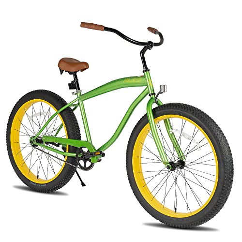 HILAND Adult Fat Tire Beach Cruiser Bike, Wide 26 x 3 Inch Wide Wheels, Single Speed Cruiser Bike with Coaster Brakes for Men Mens Women